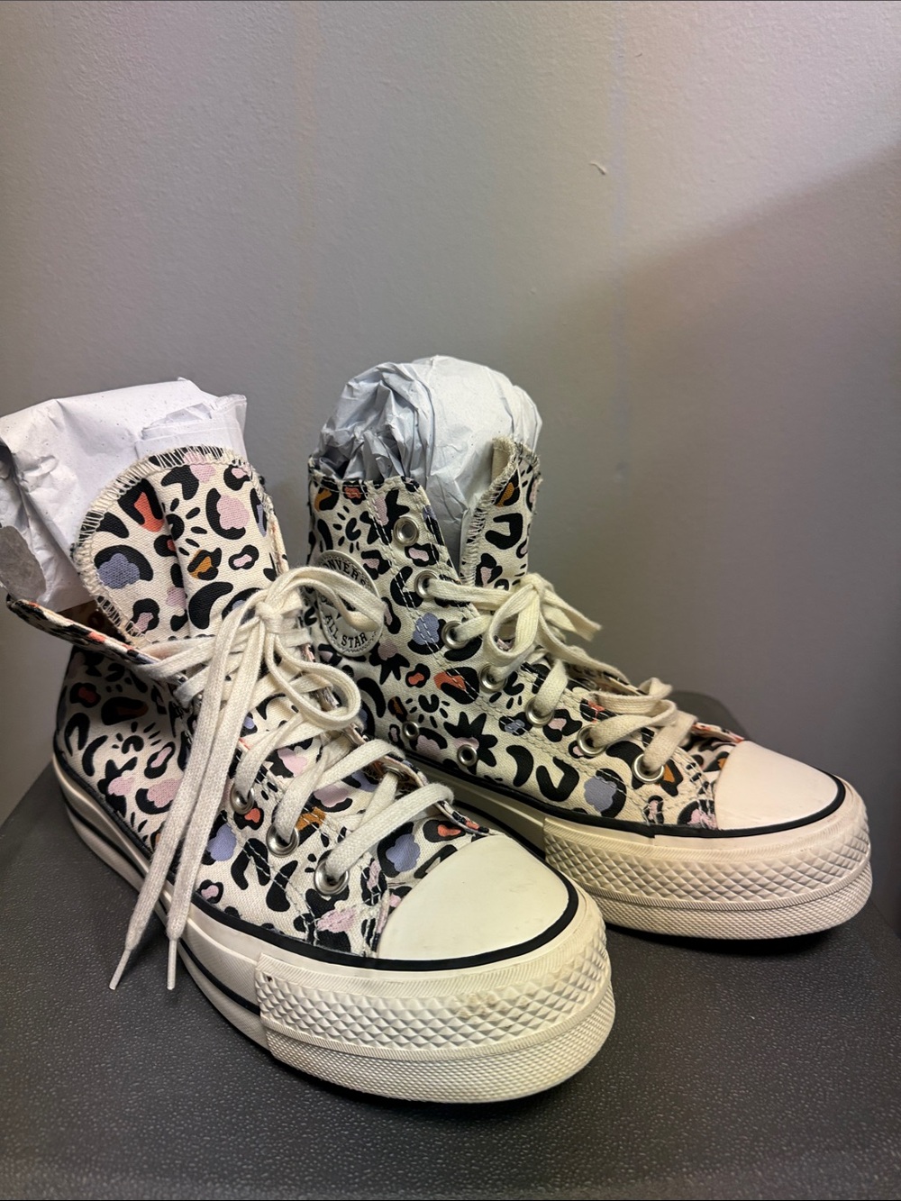 Converse Leopard-Print High Top Sneakers in Cream, Black, Pink